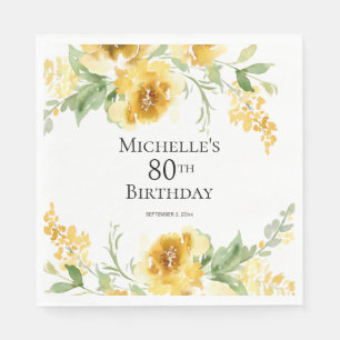 Servilleta De Papel Floral Verde Acuarela Amarillo Cumpleaños 80