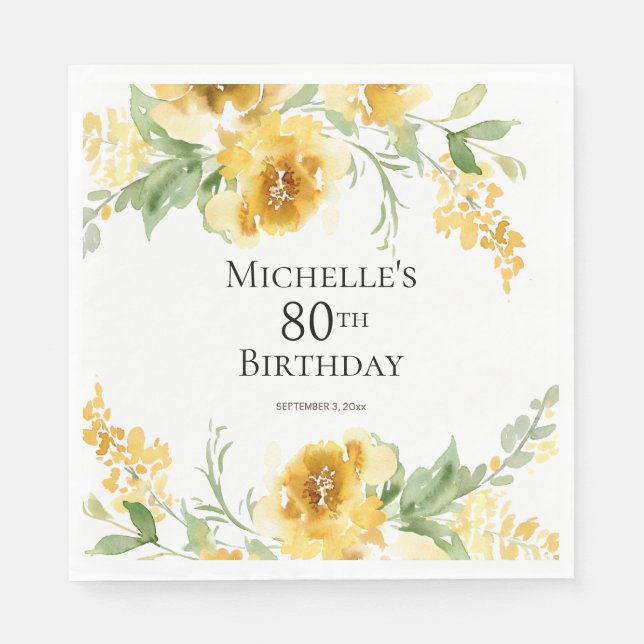 Servilleta De Papel Floral Verde Acuarela Amarillo Cumpleaños 80 (Anverso)