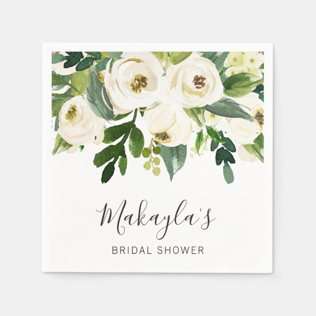 Servilleta De Papel Floral Verdor Rosas Blancas Elegante Ducha Bridal (Anverso)