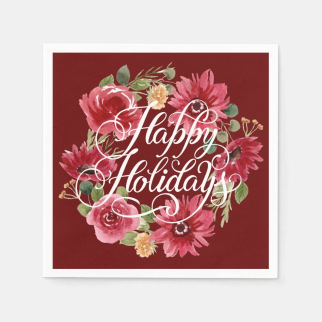 Servilleta De Papel Floral Wreath Happy Holidays Red Napkins (Anverso)