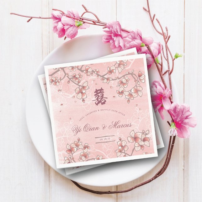 Servilleta De Papel Florecimiento de la sonda doble felicidad Boda chi (Pink Peach/Plum Blossoms Double Happiness Elegant Chinese Wedding Paper Napkins @ fatfatin_red_knot)