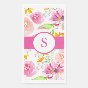 Servilleta De Papel Flores Acuarela Monograma Rosa