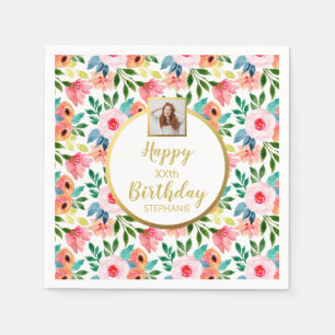Servilleta De Papel Flores Acuarela, Texto de Foto Personalizado, Cump