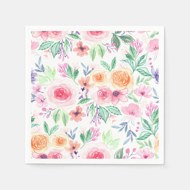 Servilleta De Papel Flores acuarelas y hojas (Anverso)