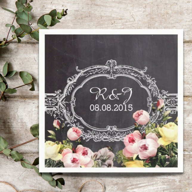 Servilleta De Papel flores antiguas rústicas modernas boda de Chalkboa (modern rustic vintage flowers Chalkboard wedding Napkins)