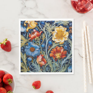 Servilleta De Papel Flores azules amarillas rojas estilo William Morri