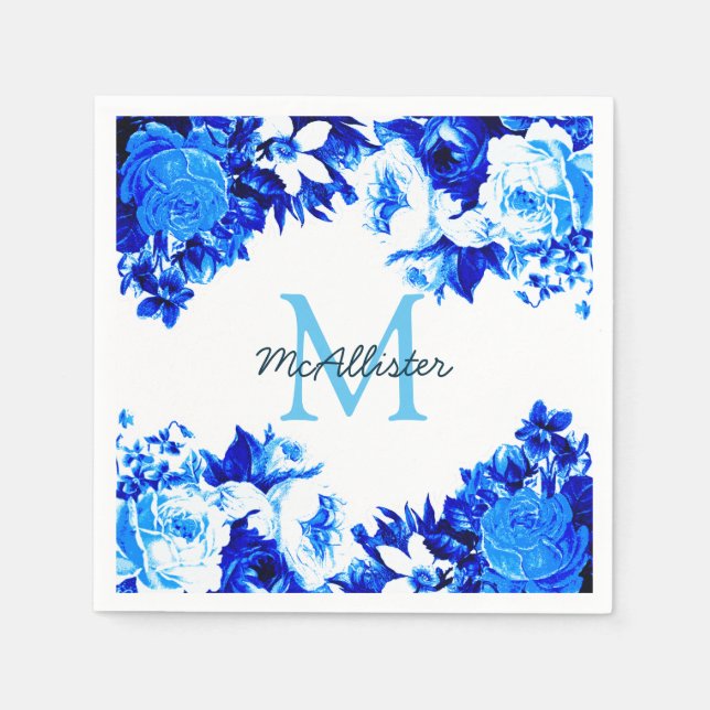Servilleta De Papel Flores azules de cobalto elegantes | Personalizado (Anverso)