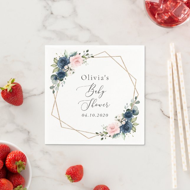 Servilleta De Papel Flores azules de la marina, flores rosas, Baby Sho (In situ)