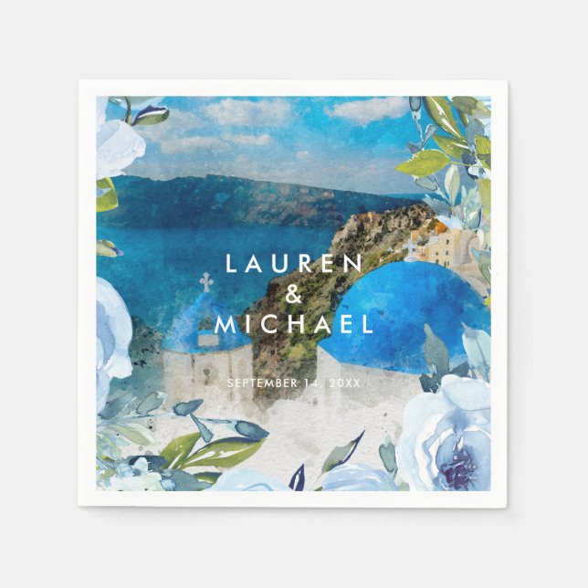 Servilleta De Papel Flores azules de Santorini toallas bodas de verano (Anverso)