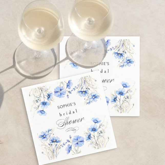 Servilleta De Papel Flores Azules Marco Floral Baño Nupcial (Blue Flower and Calligraphy napkins from my Something Blue Floral Bridal Shower Collection)