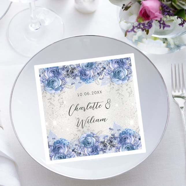 Servilleta De Papel flores azules plateadas boda (Subido por el creador)