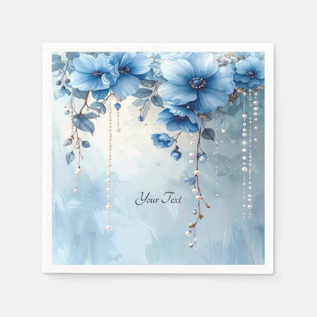 Servilleta De Papel Flores Azules y Perlas (Anverso)