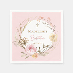 Servilleta De Papel flores beige rosa acuarela Bautizo