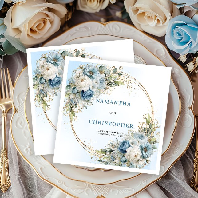 Servilleta De Papel Flores Blancas Elegantes Servilletas Boda Azul Oro (Elegant White Flowers Blue Gold Wedding Napkins)