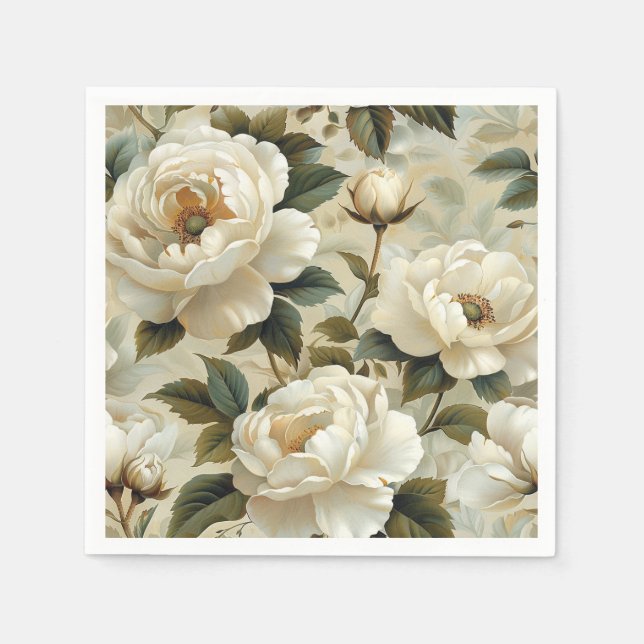 Servilleta De Papel Flores blancas en un fondo crema. (Anverso)