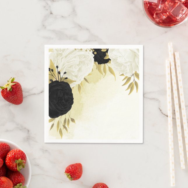 Servilleta De Papel flores blancas negras hojas de oro boda (In situ)