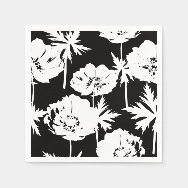 Servilleta De Papel Flores blancas sobre negro. (Anverso)