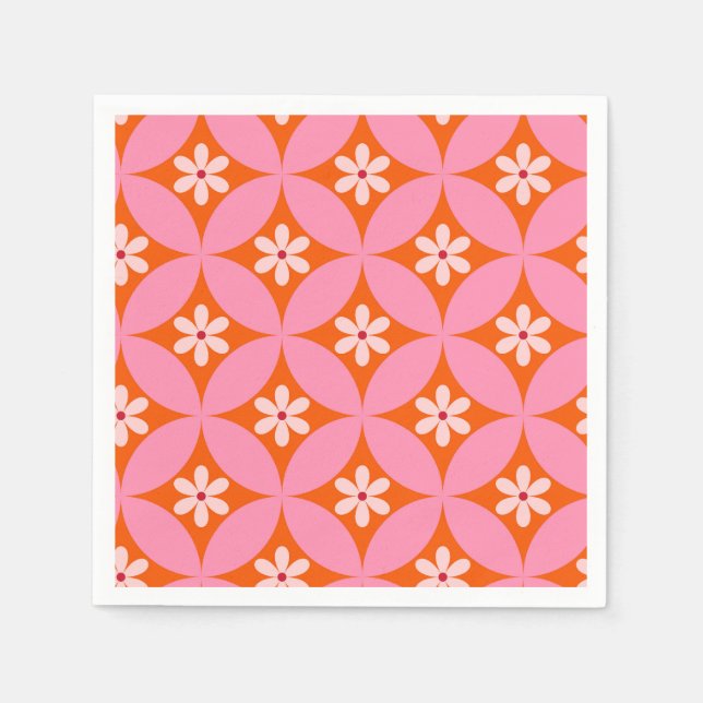 Servilleta De Papel Flores blancas sobre patrón de círculos rosados de (Anverso)