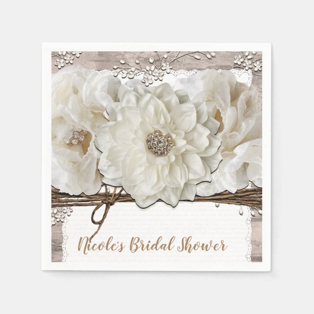 Servilleta De Papel Flores Blancas y Abedul Ducha de Novia Rústica Gla (Anverso)