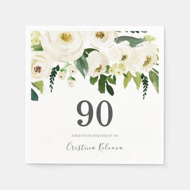 Servilleta De Papel Flores blancas y crema elegante cumpleaños 90 (Anverso)