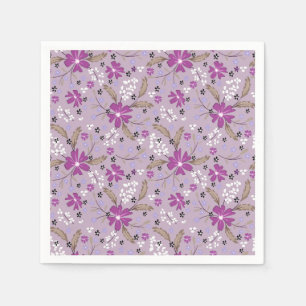 Servilleta De Papel Flores blancas y moradas sobre un fondo lila pálid