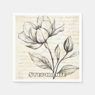 Servilleta De Papel Flores Botánicas Sepia Elegantes Escritura Vintage