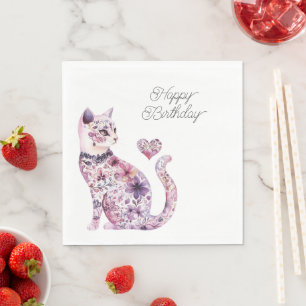 Servilleta De Papel Flores Corazón Amor Gato Cumpleaños Rosa Púrpura R