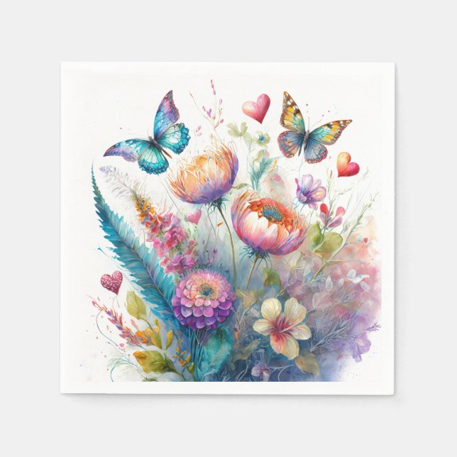 Servilleta De Papel Flores, corazones y mariposas (Anverso)