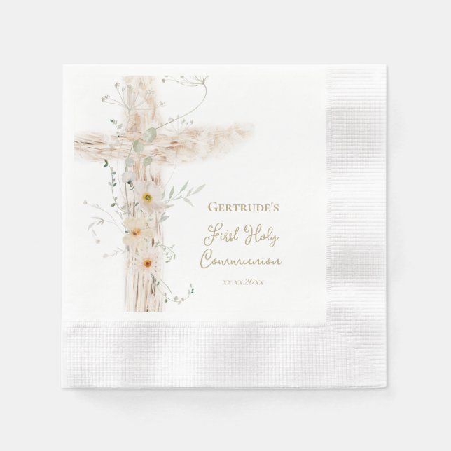 Servilleta De Papel flores cruz Primera Comunión (Anverso)