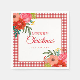 Servilleta De Papel Flores de Acuarela Gingham Rojo Navidad Rústica