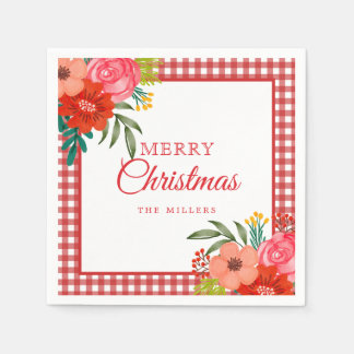 Servilleta De Papel Flores de Acuarela Gingham Rojo Navidad Rústica