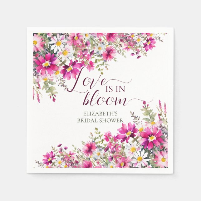 Servilleta De Papel Flores de acuarela rosa brillante, el amor está en (Anverso)