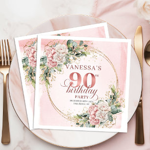 Servilleta De Papel Flores de Acuarela Rosa Claro Cumpleaños 90 