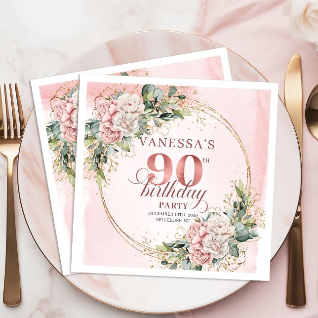 Servilleta De Papel Flores de Acuarela Rosa Claro Cumpleaños 90  (Light Pink Watercolor Flowers 90th Birthday Party Napkins)