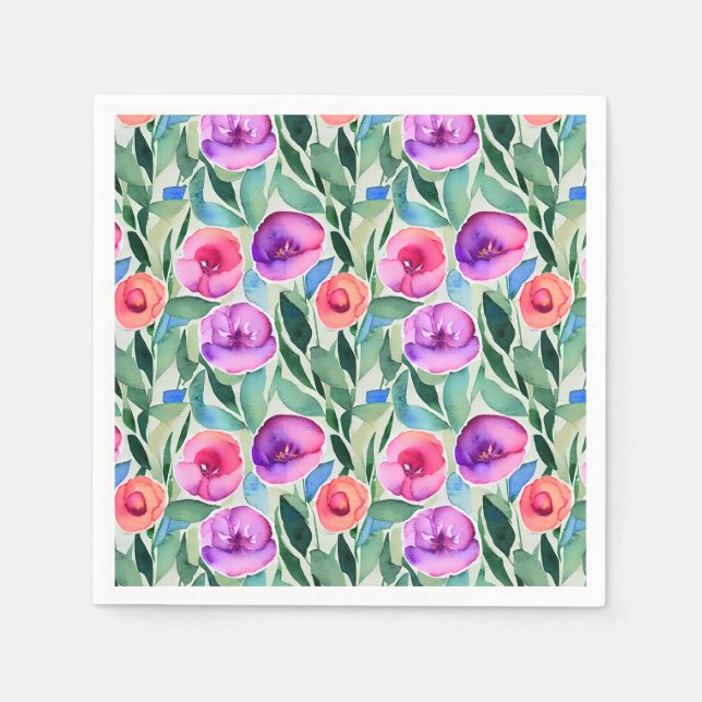 Servilleta De Papel Flores de acuarela rosadas, moradas y verdes (Anverso)