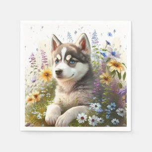 Servilleta De Papel Flores de acuarela y cachorro de Husky siberiano