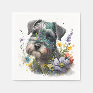 Servilleta De Papel Flores de acuarela y cachorro de schnauzer
