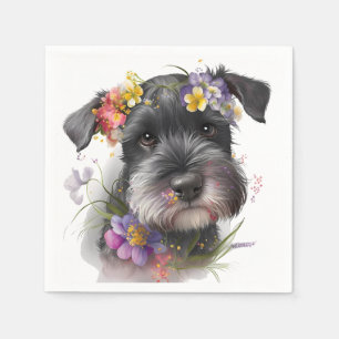 Servilleta De Papel Flores de acuarela y cachorro de schnauzer