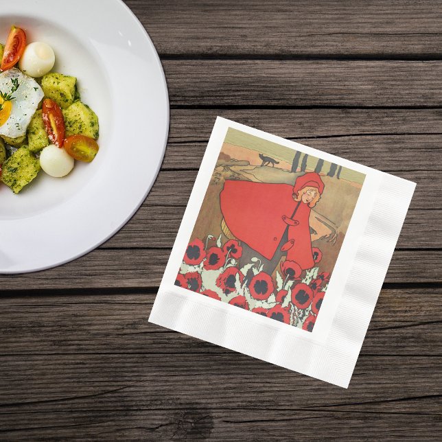 Servilleta De Papel Flores de adormidera de lobo de capucha roja vinta (Little red riding hood picking red flowers with wolf on a hil on napkins.)