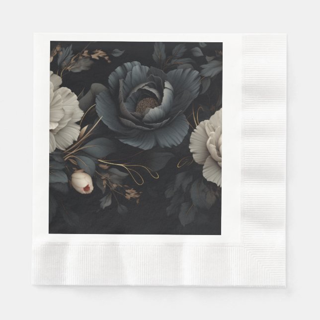 Servilleta De Papel Flores de blanco y negro (Anverso)