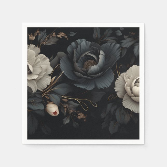 Servilleta De Papel Flores de blanco y negro (Anverso)