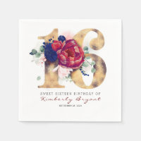Flores de Borgoña y tipografía de oro 16° cumpleañ