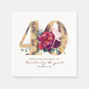 Servilleta De Papel Flores de Borgoña y tipografía de oro 40 cumpleaño
