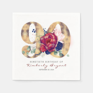 Servilleta De Papel Flores de Borgoña y tipografía de oro Cumpleaño