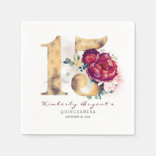 Servilleta De Papel Flores de Borgoña y tipografía de oro Cumpleaños 1