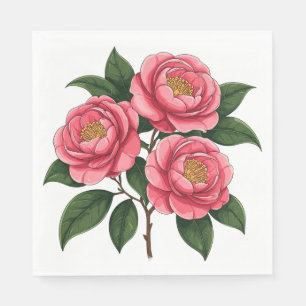Servilleta De Papel Flores de Camelia Rosadas en Flor con Hojas Verdes