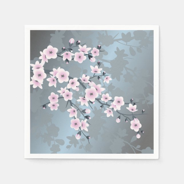 Servilleta De Papel Flores de Cerezo Azules Grisáceos Rosa Opaco (Anverso)