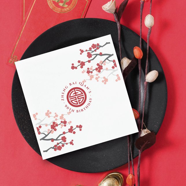 Servilleta De Papel Flores de cerezo Símbolo de longevidad cumpleaños  (Cherry Blossoms Longevity Symbol Chinese Senior Birthday Paper Napkin @ zazzle.com/fatfatin_red_knot)