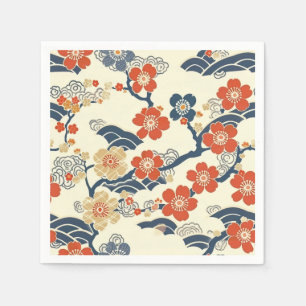 Servilleta De Papel Flores de ciruelo Ume japonesas crema ola azul mar