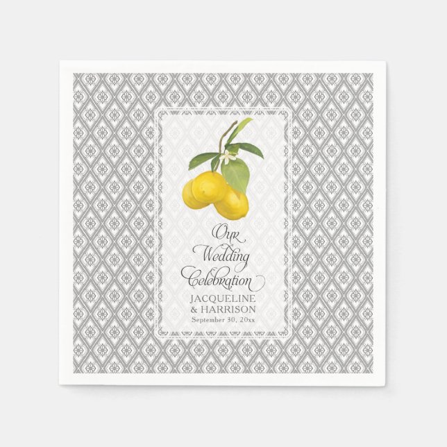 Servilleta De Papel Flores de cítricos limón Boda blanco gris amarillo (Anverso)